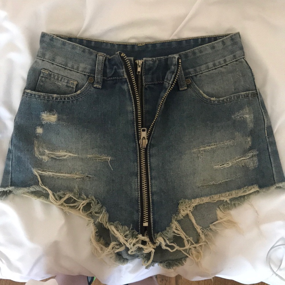 UNIF Destroyed Denim Shorts Double Zipper Cut Offs